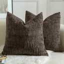 MANDIOO Pack of 2 Soft Chenille Textured Throw Pillow Covers Square Accent Solid Decorative Cushion Cover Cozy Farmhouse Pillow Case for Couch Sofa Bed Living Room 18x18 Inch Coffee