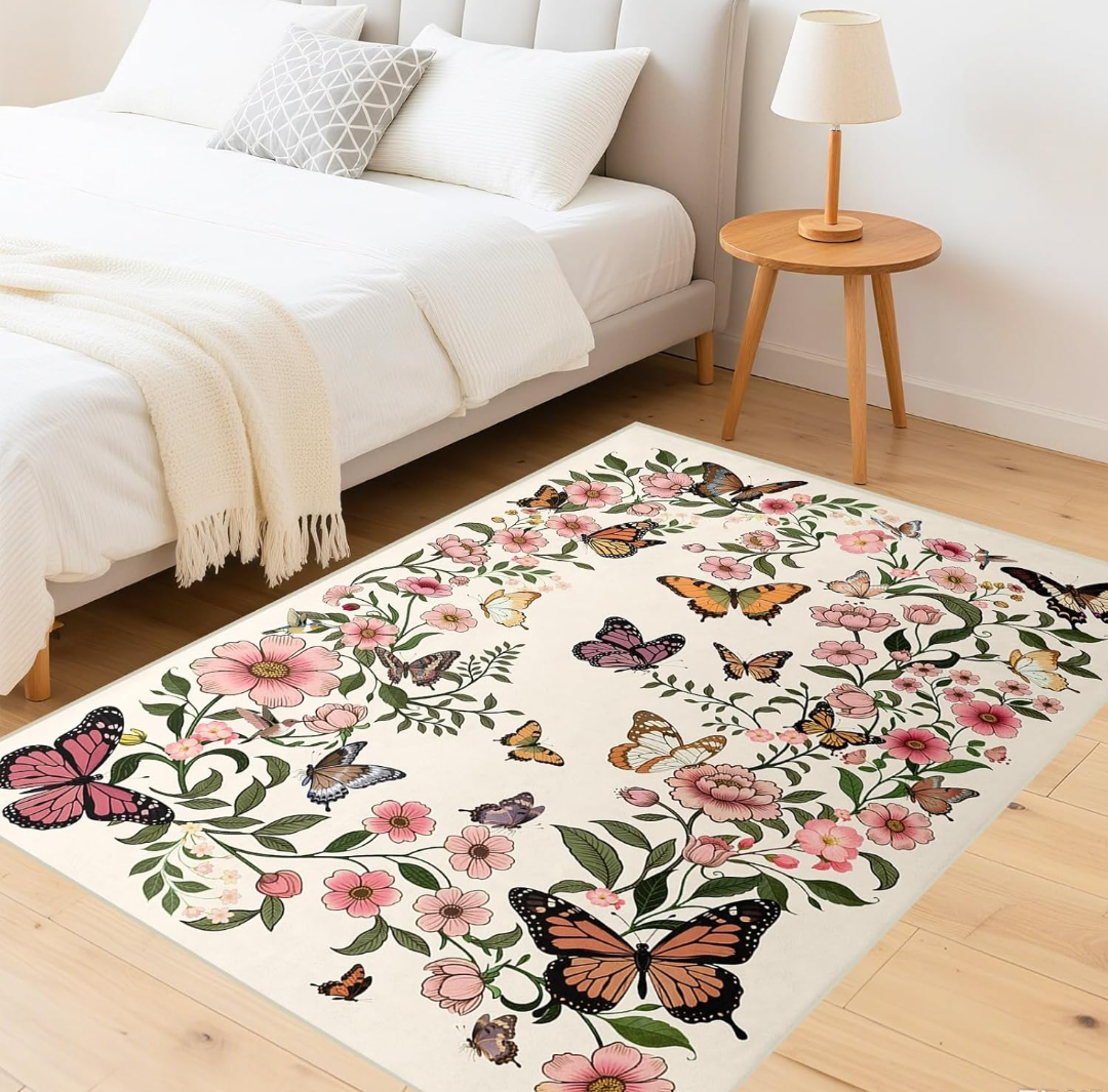 Area Rug for Living Room 5'x7' - Floral Butterfly Print 5x7 Area Rugs for Living Room Soft Black Washable Rugs Ultra-Thin Indoor Door Mat
