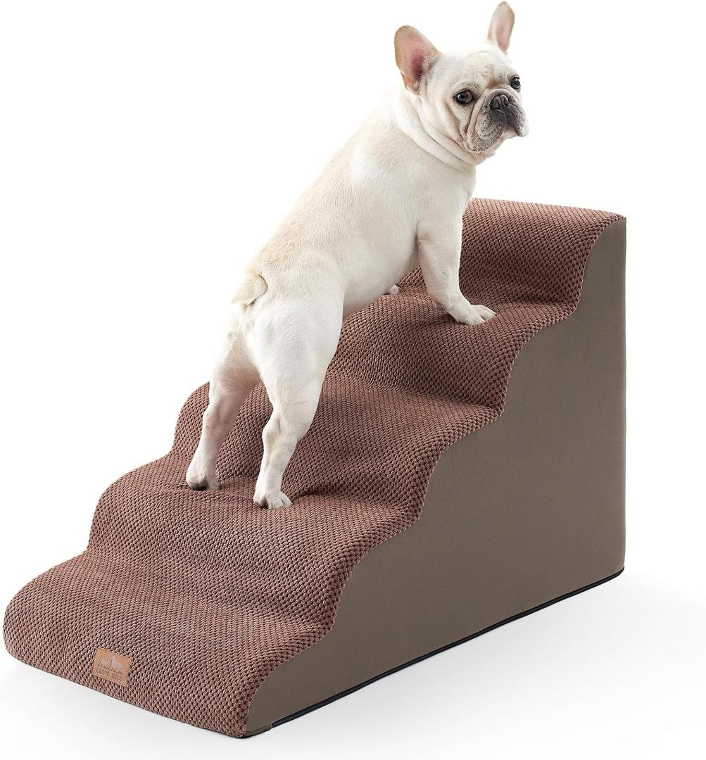 COZY KISS Wide Dog Stairs for Large Dogs 19.7" Width, Dog Step for Small Dog, Puppy or Cat, Medium Pet Ramp for High Bed or Car, High Density Foam Ladder, 19.7x33x22.4 in, Stable, 5 Step, Brown