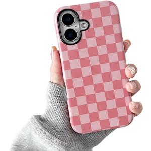 Compatible with iPhone 16 Case, Cute Aesthetic Fashion Colorful Checkered Cover for Women, Shockproof Slim Soft TPU and Hard PC Protective Phone Case for iPhone 16 6.1"- Pink