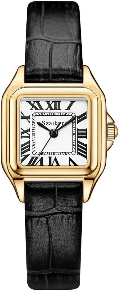 Classic Square Watches for Women with Roman Numerals Ladies Casual Dress Watch (Black-Gold)