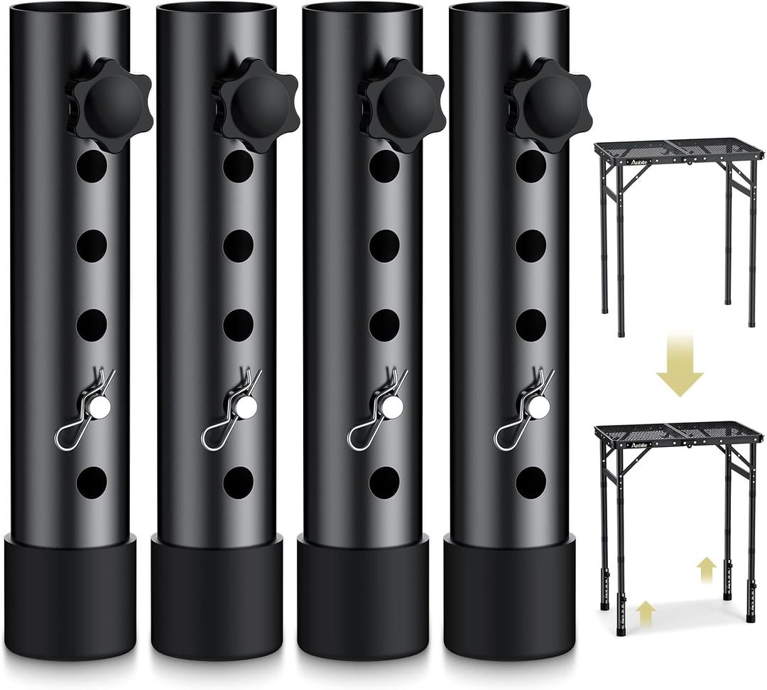 Anbte 4pcs Folding Table Leg Extenders, 5 Levels Adjustable Height Rise Up to 6.1 in, Heavy Duty Steel Table Risers for Straight and Bent Legs, Reduces Stooped Work, Black