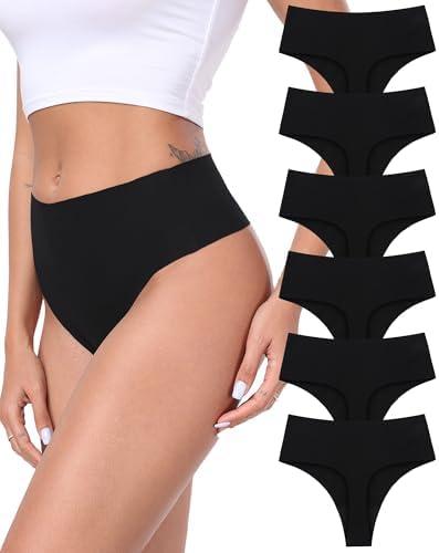 AYMEFF Cotton Thongs for Women High Waisted Seamless No Show Thong Stretchy Comfort Panties M (6 Piece)