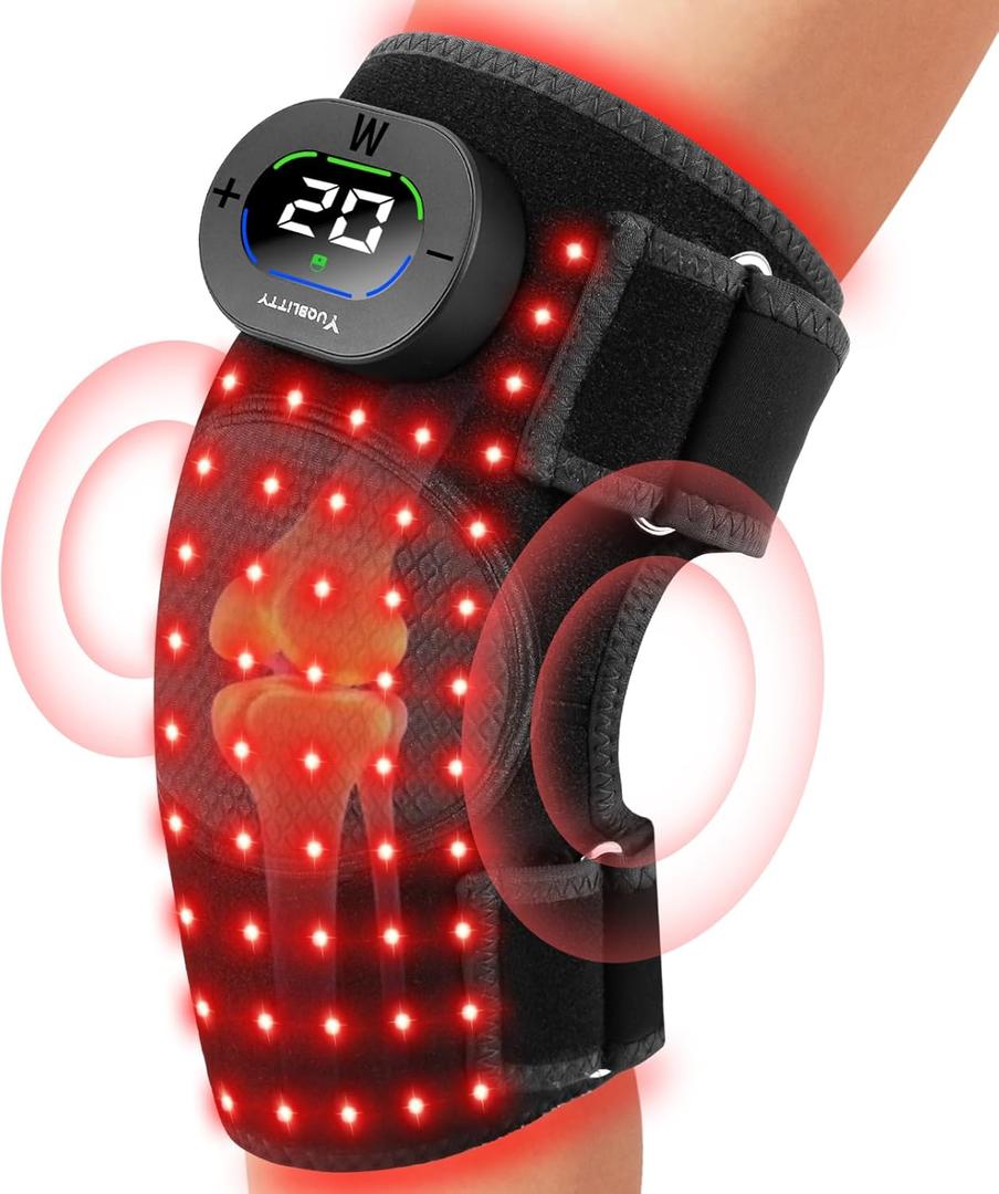 Red Light Therapy & Vibration Knee Massage Cordless, Multi-wavelength 660nm & 850nm Infrared Portable Heated Knee Brace, Red Light Therapy Wrap for Knee/Elbow/Shoulder Joints, 20-min Timer (Black)