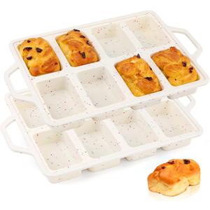 Vinino Silicone Mini Loaf Pans with Metal Reinforced Frame-2 Pack, Non-stick Silicone Bread Pan for Baking 8-Cavity, Tiny Banana Bread Set, Dishwasher Safe Brownie Pan-Cream