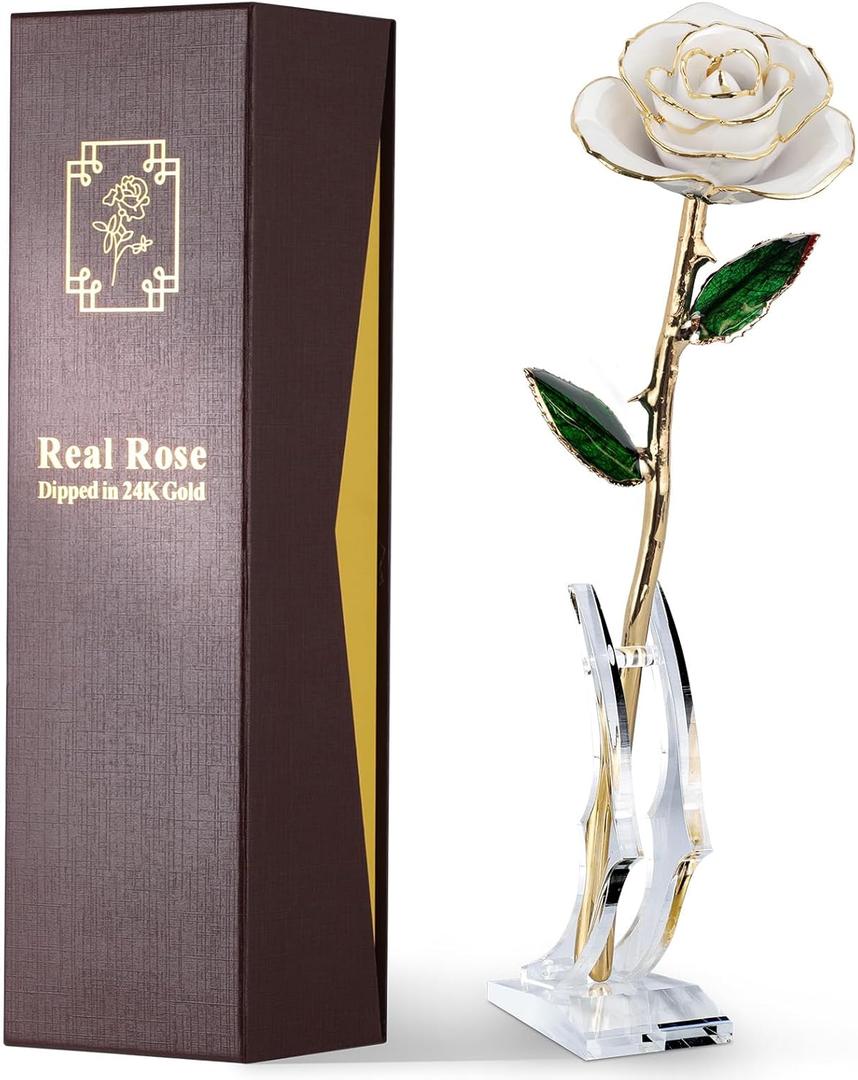 24K Gold Dipped Real Rose  Handcrafted, One of a Kind Gift  Timeless Romantic Present for Birthday, Valentines, Mothers Day, Anniversary (Ivory White)