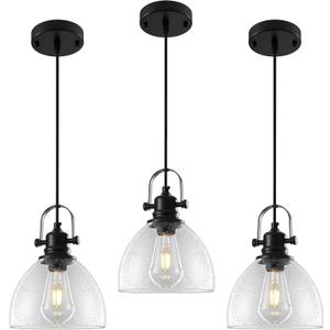 Kitchen Pendant Lighting Over Island 3 Pack, 7.5” Black Pendant Lights Kitchen Island, Farmhouse Industrial Glass Pendant Light with Seeded, Hanging Light Pendants for Dining Room, Bar, Cafe