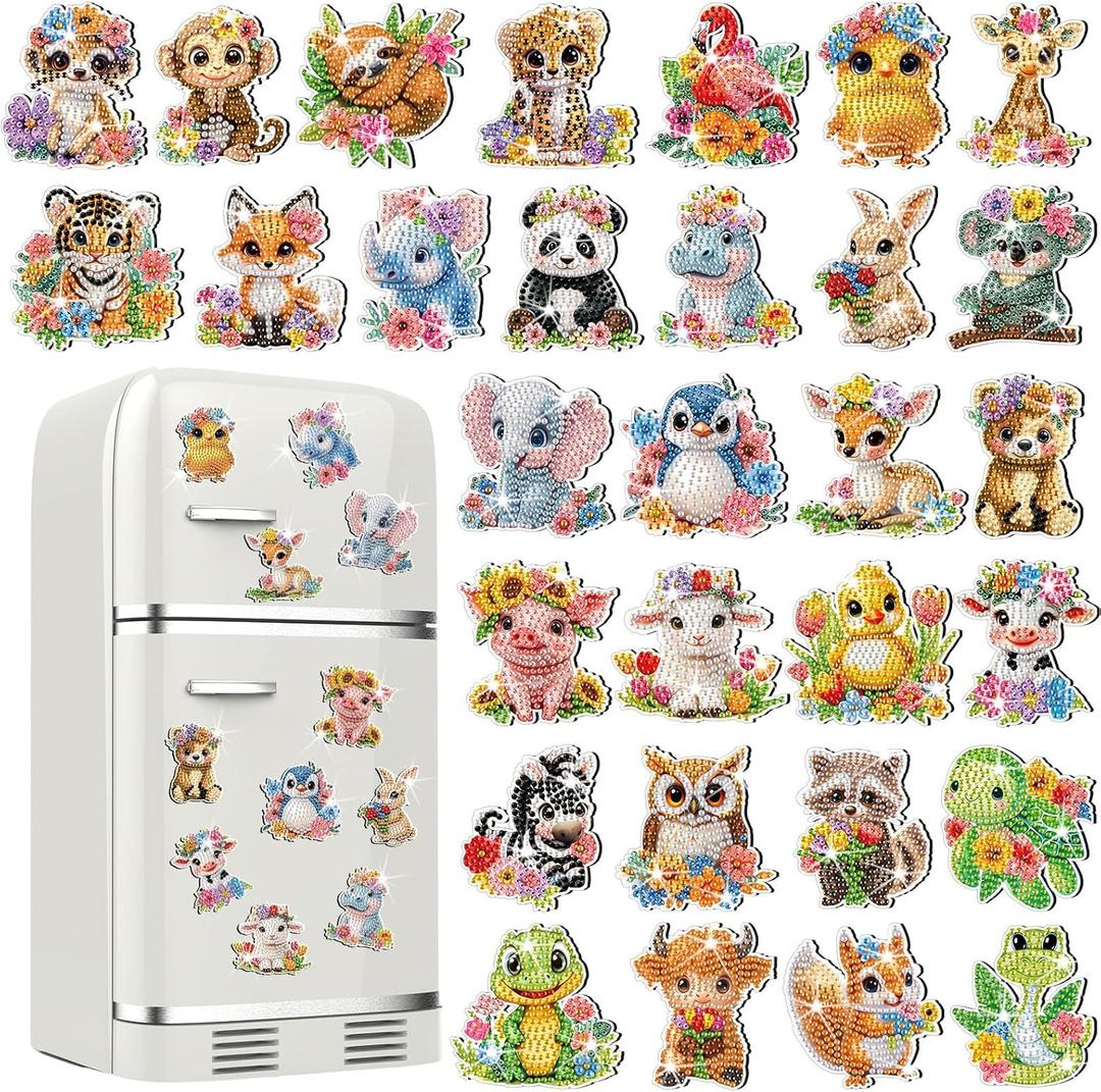 Xuhal 30 Pcs Animal Diamond Painting Magnets Watercolor Animal Diamond Art Magnet Kits for Adults Cute Elephant Tiger Refrigerator Magnetic Sticker 5D Rhinestone Fridge Stickers for DIY Crafts Gifts