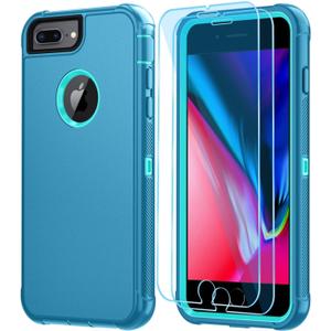 SunStory Compatible with iPhone 6/7/8 Plus Case with HD Screen Protector, 3-Layer Heavy Duty Full-Body Cover,3 in 1 Hybrid Protective Case for iPhone 6/7/8 Plus 5.5",LakeSkyBlue