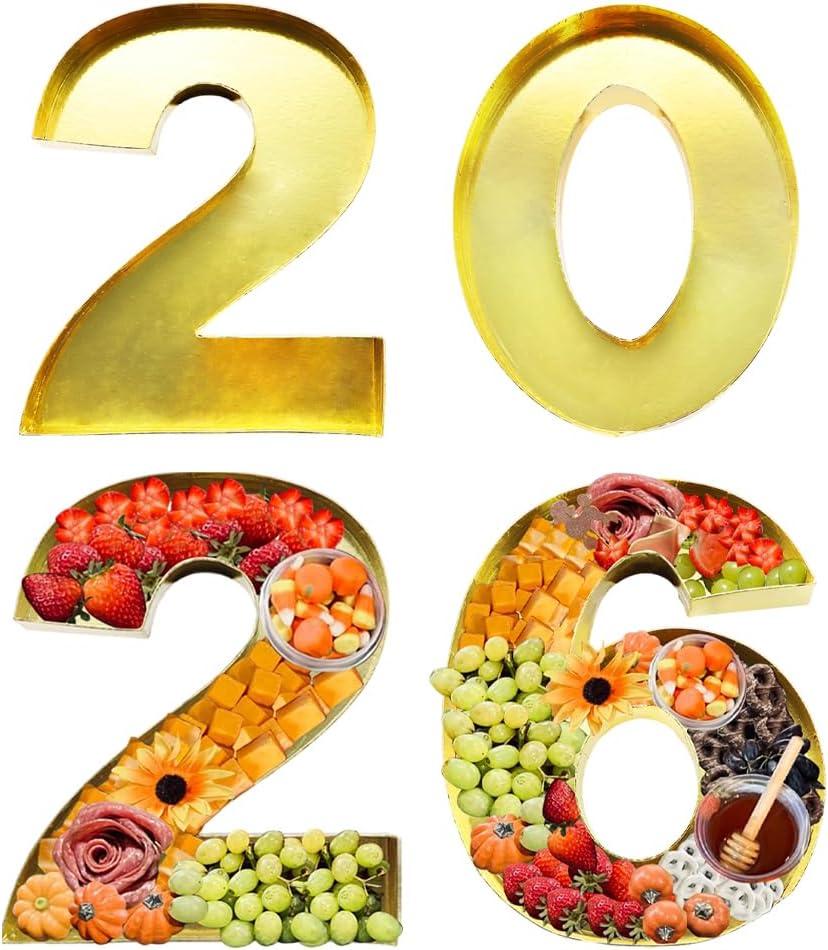 12" Fillable Cardboard Numbers 2026 Charcuterie, Graduation/New Year Party Centerpiece Decorative Tray (Gold)