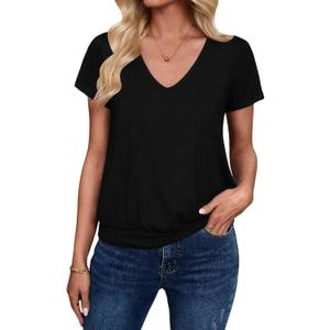 Sialois Short Sleeve Women T Shirts V Neck Tops Fashion Banded Bottom Tops Summer Spring Outfits Beach Vacation Clothes 2026 (Black, XL)