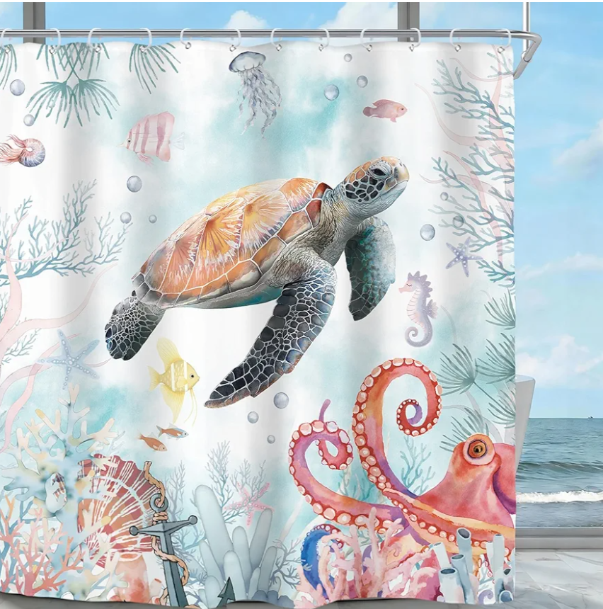 Riyidecor Sea Turtle Octopus Shower Curtain for Bathroom Decor 70Wx84H Extra Long Ocean Beach Seaside Teal Blue Child Coastal Nautical Art Printed Fabric Polyester Waterproof 12 Pack Plastic Hooks