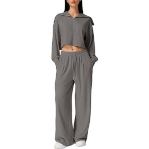 QINSEN Women Cozy 2 Piece Lounge Matching Set Wide Leg Sweatpants Half Zip Crop Sweatshirt Outfits, Size S