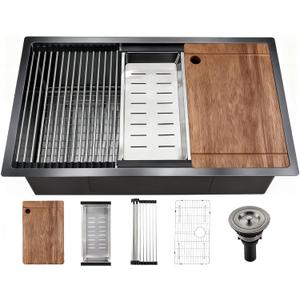 30" Black Stainless Steel Workstation Kitchen Sink, Large Single Bowl Drop-In Undermount Farmhouse Sink (Black, 3018), 30*18in