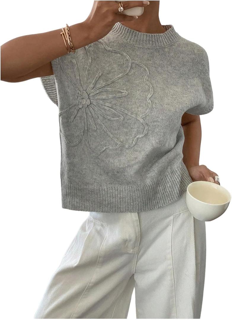 SOLY HUX Women's Short Sleeve Sweater 3D Floral Sweaters Pullover Tank Tops Knit Vest Trendy Fashion Clothing (Gray, L)