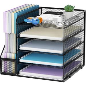 Marbrasse Desk Organizers and Accessories, 5-Tier Paper Letter Tray Organizer with File Holder, Mesh File Organizer, Office Desk Accessories & Organization for Supplies (Black)