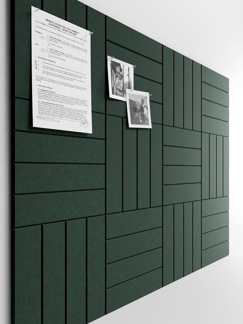 Bumusty Large Cork Board Alternative-48 x 36" Felt Bulletin Board Tiles, with 30 Pushpins, 70 Adhesive Tabs, 12-Pack Slat Wall Paneling, Cork Boards for Office Push Pin Board Felt Board-Pine Green