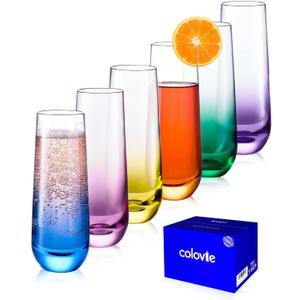 ColoVie Stemless Champagne Glasses Set of 6- Colored Champagne Flutes- Wedding Toasting Glass- Bridesmaid Gift- Mimosa Glass- Crystal Bar Glassware- Birthday Cocktail Party, 9.6oz