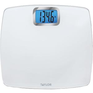 Taylor Digital Scales for Body Weight, Extra high 440 LB Capacity, Unique Blue LCD, Bright White Finish Extra LargePlatform, 12.2 x 13.5 Inches, White
