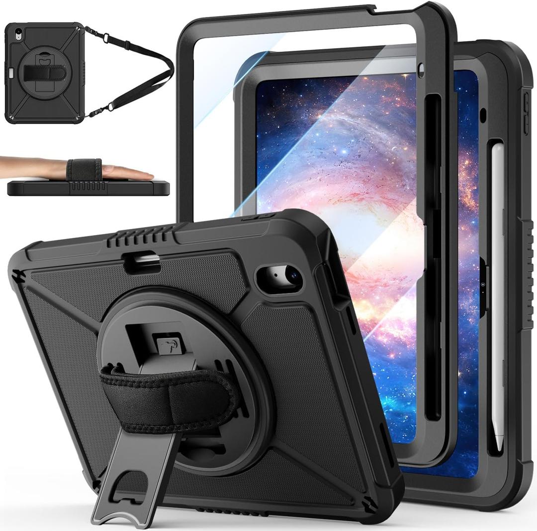 ZtotopCases for iPad (A16) 11th Generation 11 Inch 2025, iPad 10th Generation 10.9 inch 2022 with Screen Protector & 360 Rotate Hand Strap/Stand, Heavy Duty Case for iPad 11th 2025(A3354/A3355),Black