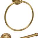 2 Pcs Antique Brass Toilet Paper Holder, Brass Towel Ring, Bathroom Wall Mount Vintage Gold Tissue Roll Holder & Hand Towel Ring, Exquisite Pattern Carving Bathroom Accessories(Round)
