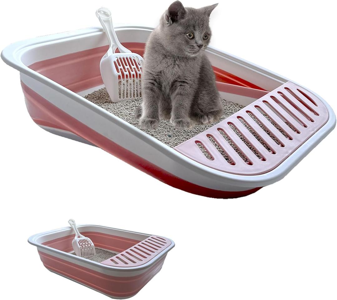 Collapsible Kitten Litter Box, 17.7 x 13.4 x 5 inch Shallow Travel Litter Box Senior Cats Open Cat Potty Pan with Scoop Anti-Splashing Low Entrance Cat Toilet with Falling Sand Pedal Grey (M, Pink)