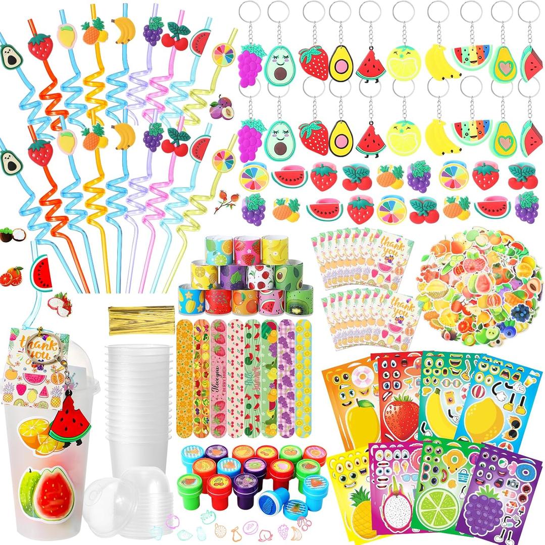 FoldTier 189 Pcs Fruit Party Favors Fruit Themed Party Decorations Gift Cup Silicone Ring Keychain Slap Bracelet Reusable Drinking Straws Stickers Stamp Thank You Tags for Kids Classroom Prizes