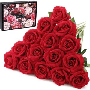 15Pcs Artificial Roses Velet Real Touch Single Stem Fake Roses Silk Realistic Bouquet Flowers Arrangements Home Office Garden Grave Party Wedding Decoration (Red-15p, Blossom Roses)