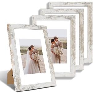 Hongkee 8x12 Picture Frame Set of 4, Made of Glass and Distressed White Wooden Frame - Display 6x8 Picture with Mat or 8 x 12 Poster Without Mat, 8 by 12 Photo for Wall or Tabletop