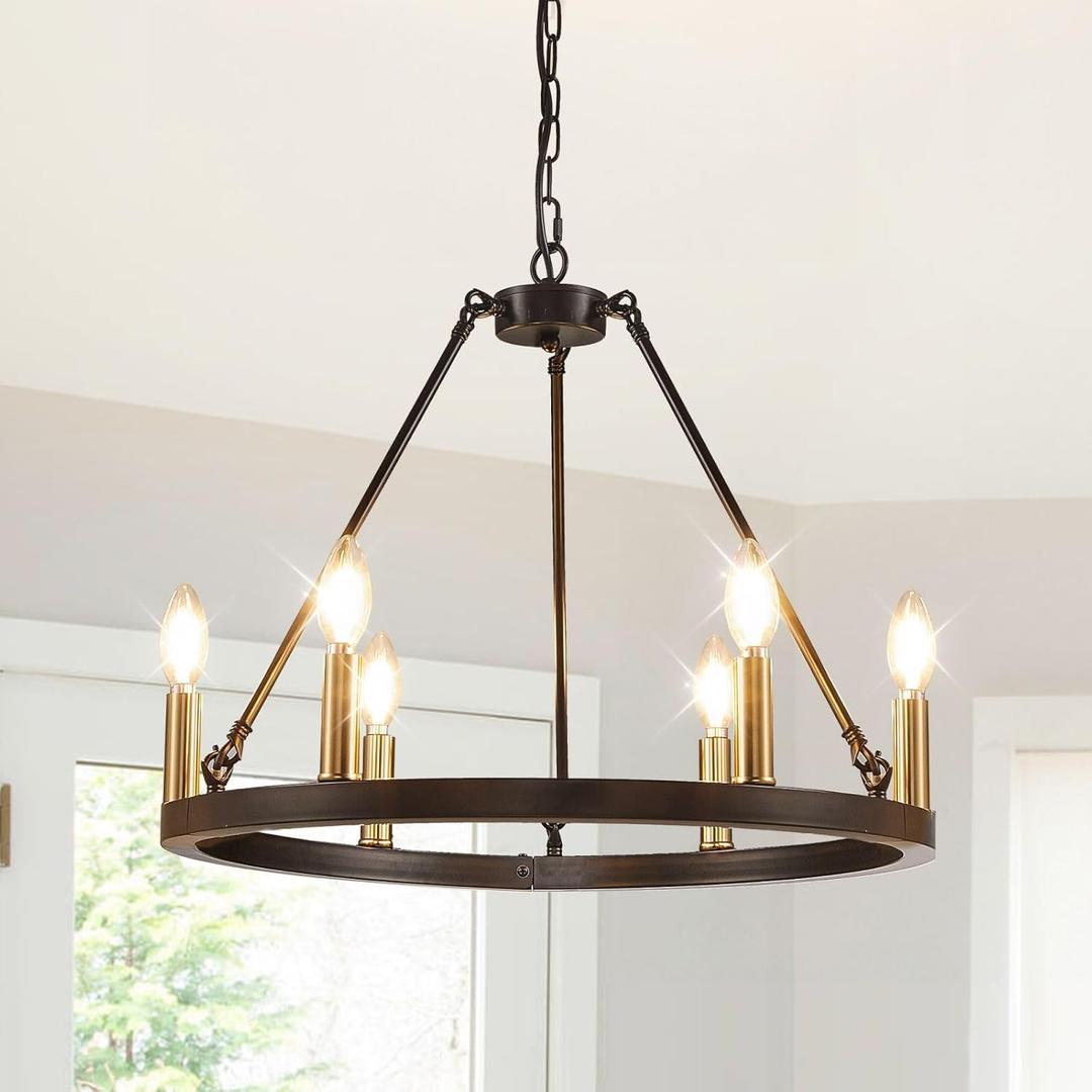 WJShome 20.7" Wagon Wheel Chandelier, Farmhouse Ceiling Light Fixture, 6-Light Black and Gold Chandeliers, Round Dining Room Light Fixtures, for Kitchen Island, Foyer, Entryway