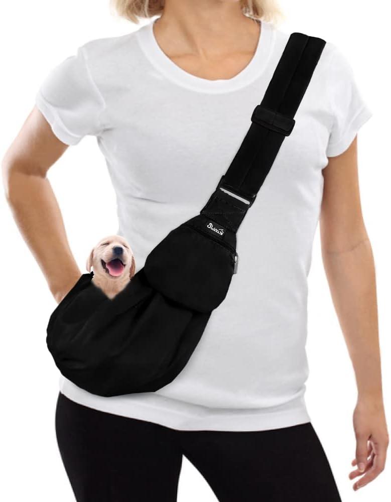 SlowTon Dog Carrier Sling - Thick Padded Adjustable Shoulder Strap Dog Carriers for Small Dogs, Puppy Carrier Purse for Pet Cat with Front Zipper Pocket Safety Belt Machine Washable (Black, XS)