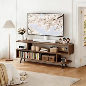 45'' TV Stand for TVs Up to 55 Inch, Entertainment Center TV Console Table with Open Storage Cabinets & Shelves, Mid-Century Modern Media Console for Living Room/Guest Bedroom/Apartment, Amber