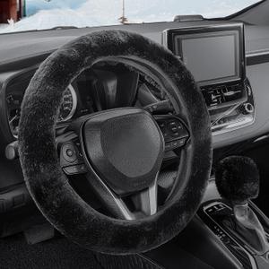 SEG Direct Furry Car Steering Wheel Cover with Fluffy Gear Shift Cover Soft Warm Non-Slip Car Decoration for Men Women Girls 2 PCS Set, Black