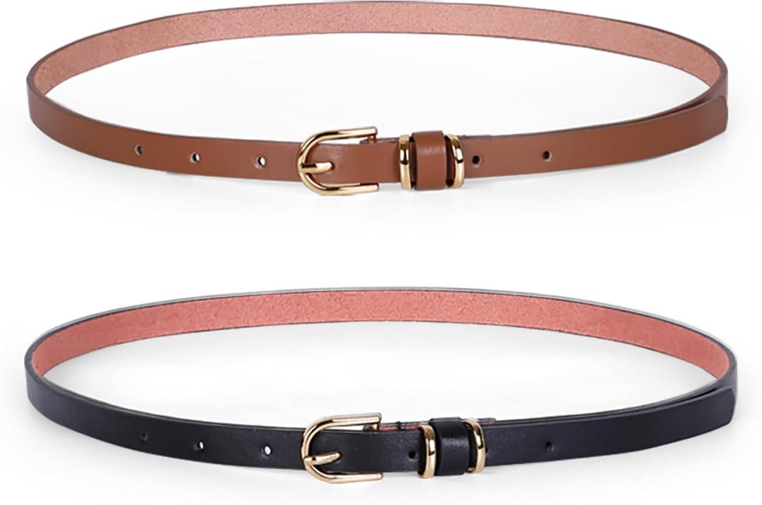 2 x JASGOOD Women's Skinny PU Leather Belt Solid Color Fashion Thin Waist Belt with Gold Buckle for Jeans Pants 1/2 Width