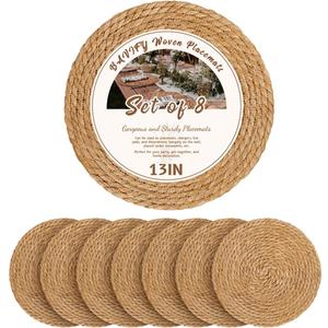 13 in Round Woven Boho Placemats Set of 8, Wicker Rattan Place Mats Chargers for Dinner Plates, Farmhouse Rustic Table Mats for Dining Table Decor (Natural Color)