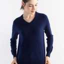 Women's Merino Wool Blend Sweater Fall Winter V Neck Long Sleeve First-Line Ready to Wear Seamless Knit Sweater (Blue)