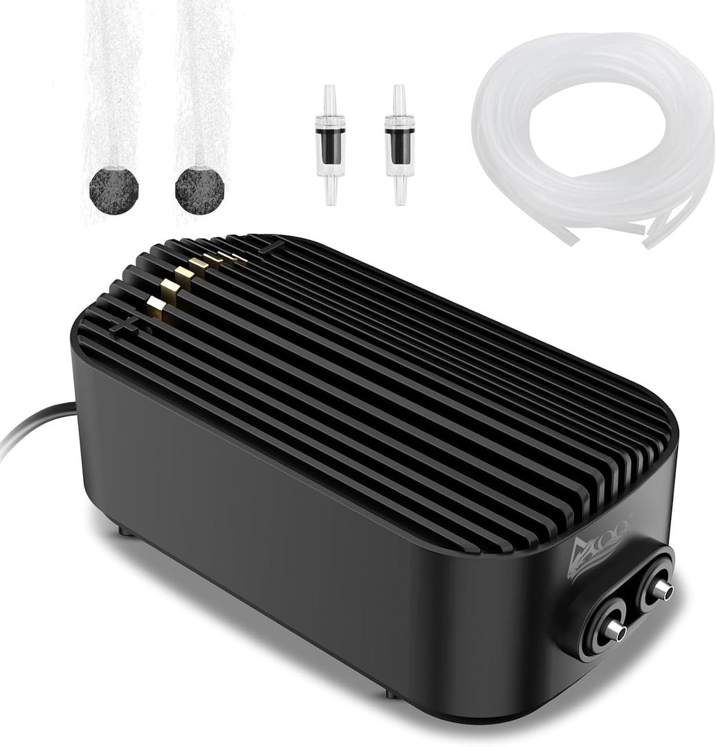 AQQA Aquarium Air Pump, Dual Outlet Fish Tank Air Pump, 3W/5W/7W Adjustable Oxygen Pump, Ultra Quiet Air Bubbler Aerator for Fish with Accessories, for Tank Up to 240 Gallon (7W 110 GPH)