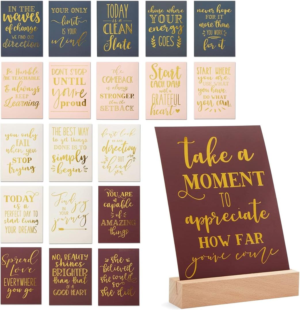 Paper Junkie Inspirational Cards & Daily Motivational Quotes for Office Desk Accessories, Motivational Desk Decor & Cubicle Decor - 20 Pack 5 x 7 Inch Multi-Color Cardstock & Wooden Stand