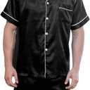 WDIRARA Men's 2 Piece Leopard Print Satin Pajama Set Button Down Short Sleeve Shorts Loungewear Sets (XX-Large, Black)