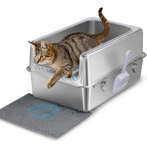 Stainless Steel Litter Box with Metal Lid and Scoop - Enclosed Metal Litter Box for Large Cats, Rust-Resistant, Odor-Control, Easy to Clean, Durable & Long-Lasting with Round Edge (XL) (XL:23.6"x15.8"x11.8")