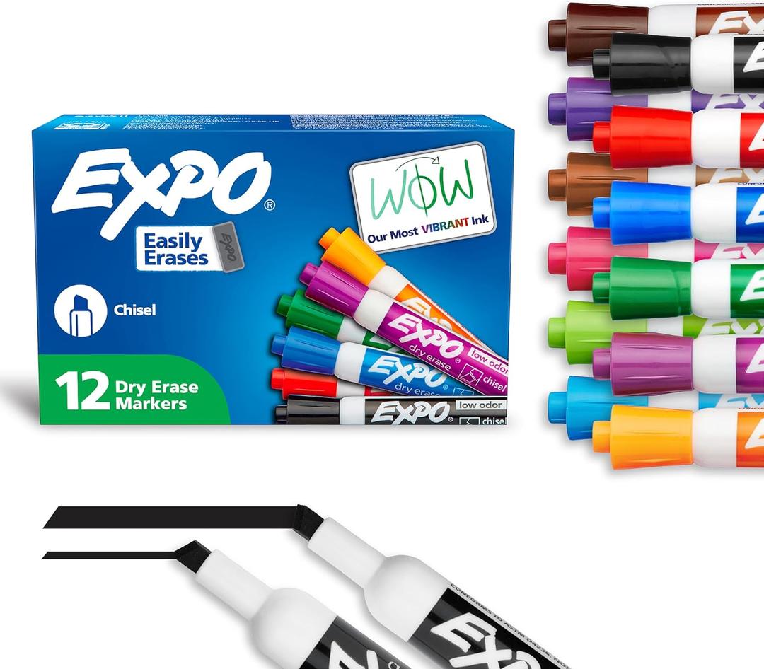 EXPO Low Odor Dry Erase Markers, Chisel Tip, Assorted Colors, 12 Count