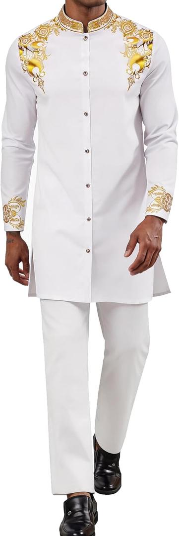 Mens Long African 2 Piece Set Nigerian Dashiki Metallic Traditional Suit Gold Stamp Printed Shirt and Pants Outfit (X-Large, White)