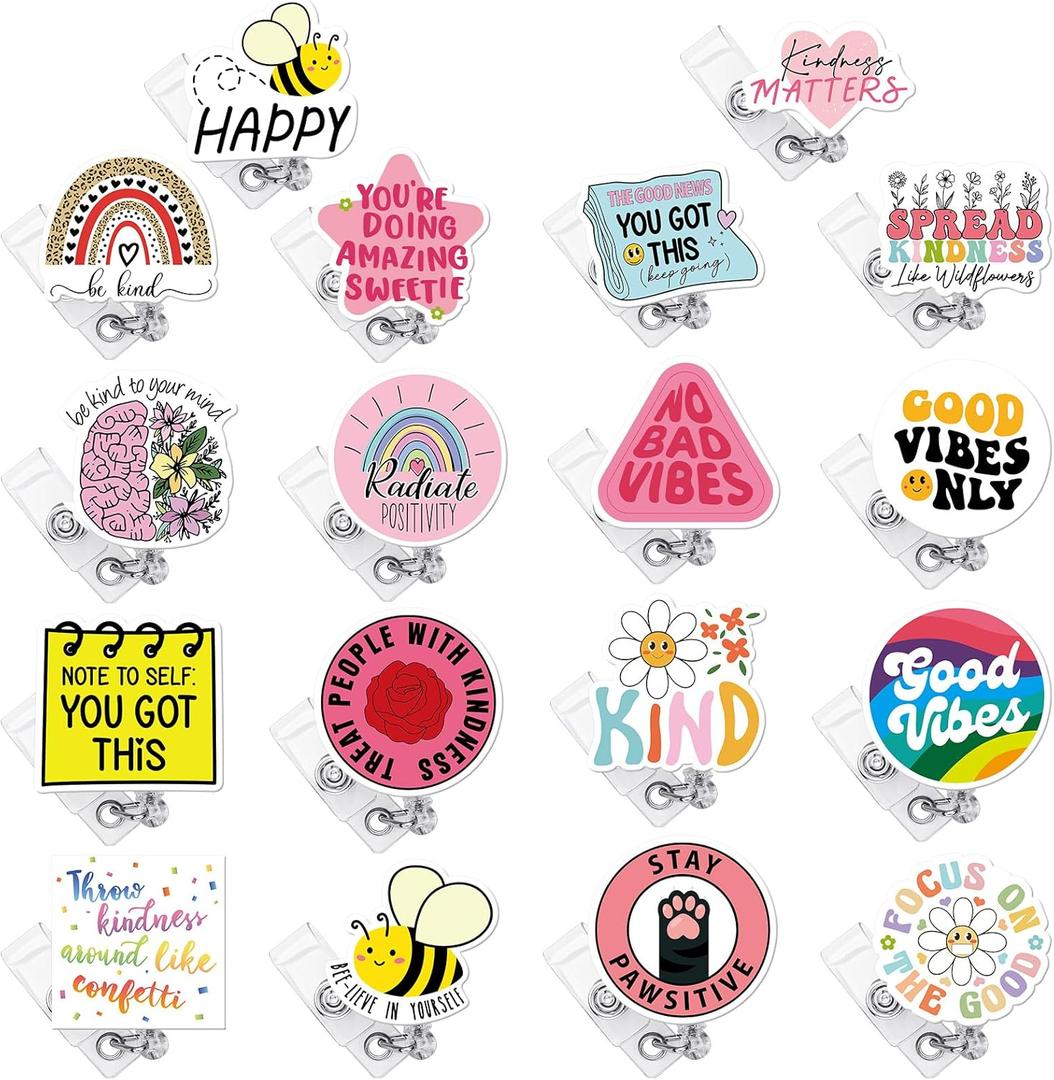 Landical 18 Pcs Cute Retractable Badge Reel Holders Funny Positive ID Tag Cardholder Clips Nursing Clips for Christmas Teachers Students Hospital Nurses Medical Work Office Bulk Lanyard Gifts
