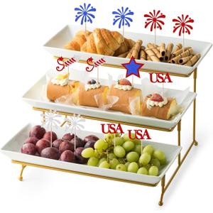 3 Tier Serving Tray, Serving Stand with Serving Dishes for Dessert Table Display Set, Ceramic Large Serving Platters for Entertraining, 14-inch (Gold Stand) (14.3" x 11.8" x 9.5")