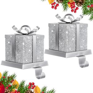 2 Pack Christmas Silver Gift Box Stocking Holder for Mantel Metal Bow Stocking Hangers Silver Glitter Gift Box Christmas Glitter Sturdy Stockings Hooks for Fireplace Counter Window Decor