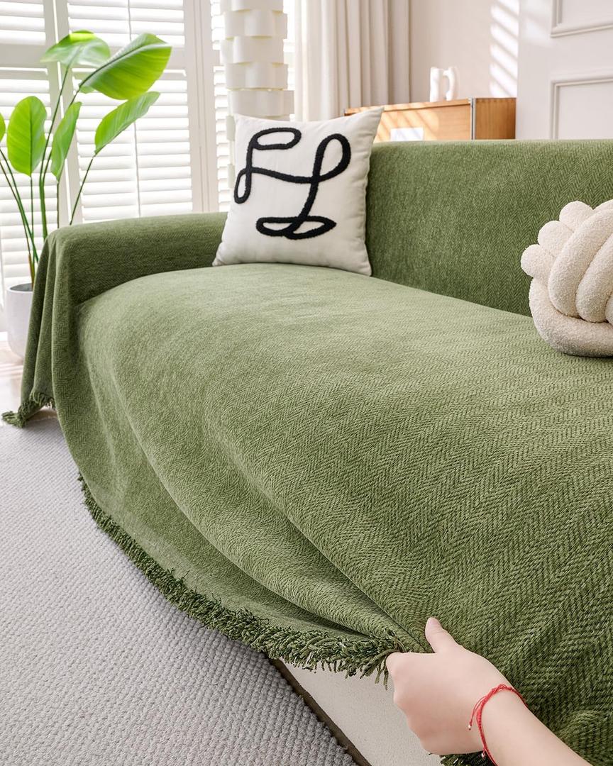 Erke Couch Cover Sheet Blanket, 3-Seat Standard Size Sofa Cushion Slip Covers, L Shape Sectional Furniture Decor Protector, Machine Washable Chenille Slipcover for Pets Dogs Cats (71" x 134", Green)