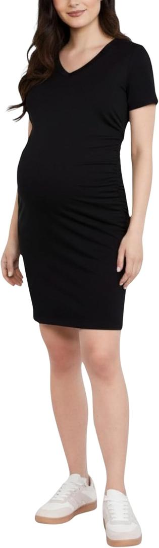 Motherhood Maternity Women's V-Neck Short Sleeve Side Ruched Bodycon Mini Pregnancy Dress (Black, L)