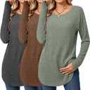 Ficerd 3 Pack Women's Curved Hem Long Sleeve Sweaters, Side Split Crew Neck Tunic Tops Loose Fit Shirts Basic Pullover (Medium, Bean Green, Brown, Dark Gray)