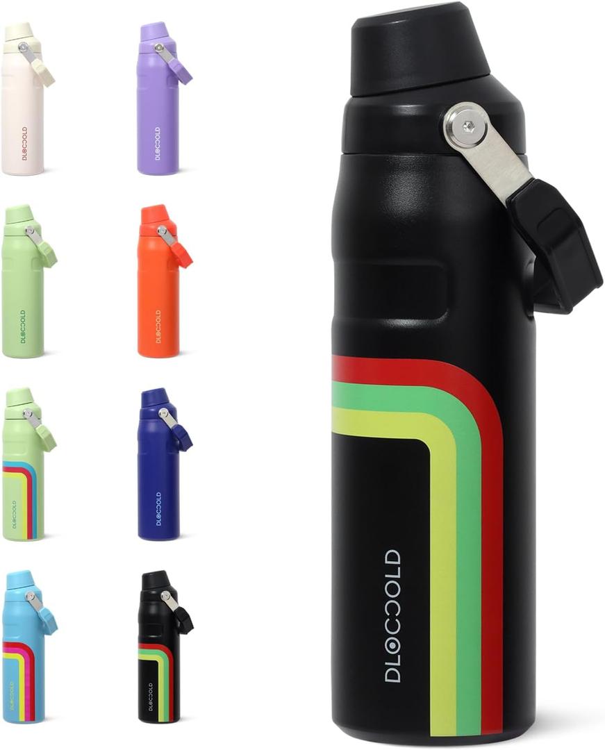 DLOCCOLD 24 OZ Water Bottle with Handle and Angled Spout Lid, Leakproof for Travel & Sports, Double Wall Insulated Stainless Steel Reusable Water Bottle, Wide Mouth QuickFill Design (Rainbow)
