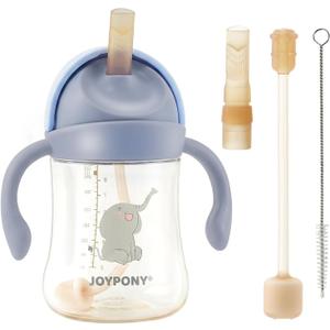 Joypony Sippy Cups for Toddlers 1-3, Spill Proof Weighted Straw Cup with Handle for Baby 6 Months + old, 2 Silicone Straws, PPSU, BPA Free, 9 oz (Blue)
